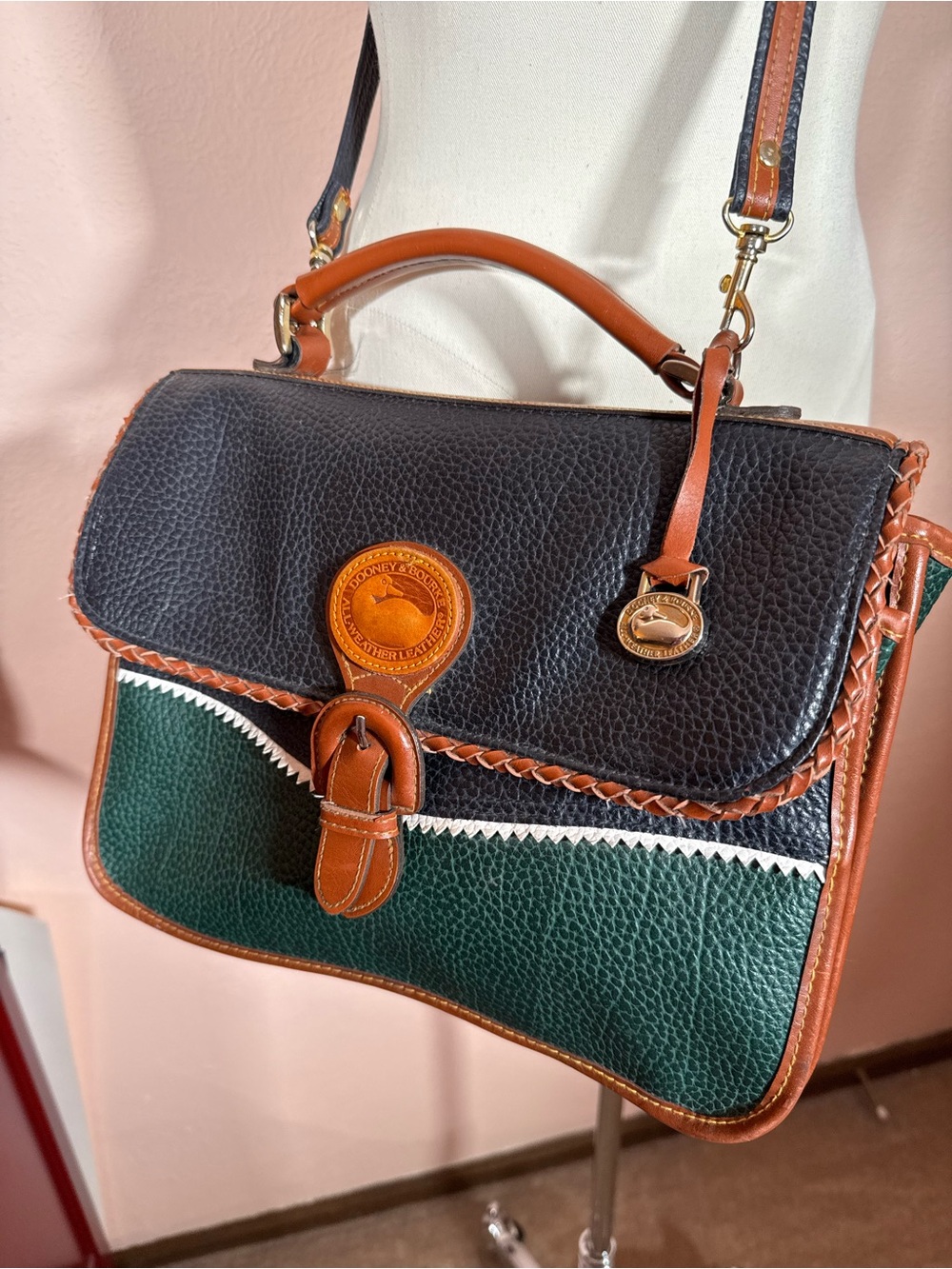 Dooney & Bourke Vintage colorblock leather navy forest green shoulder bag